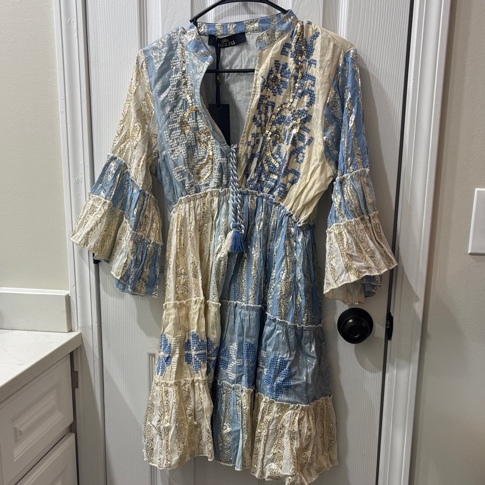 Bohemian Blue and Cream foil sparkly Mini Dress